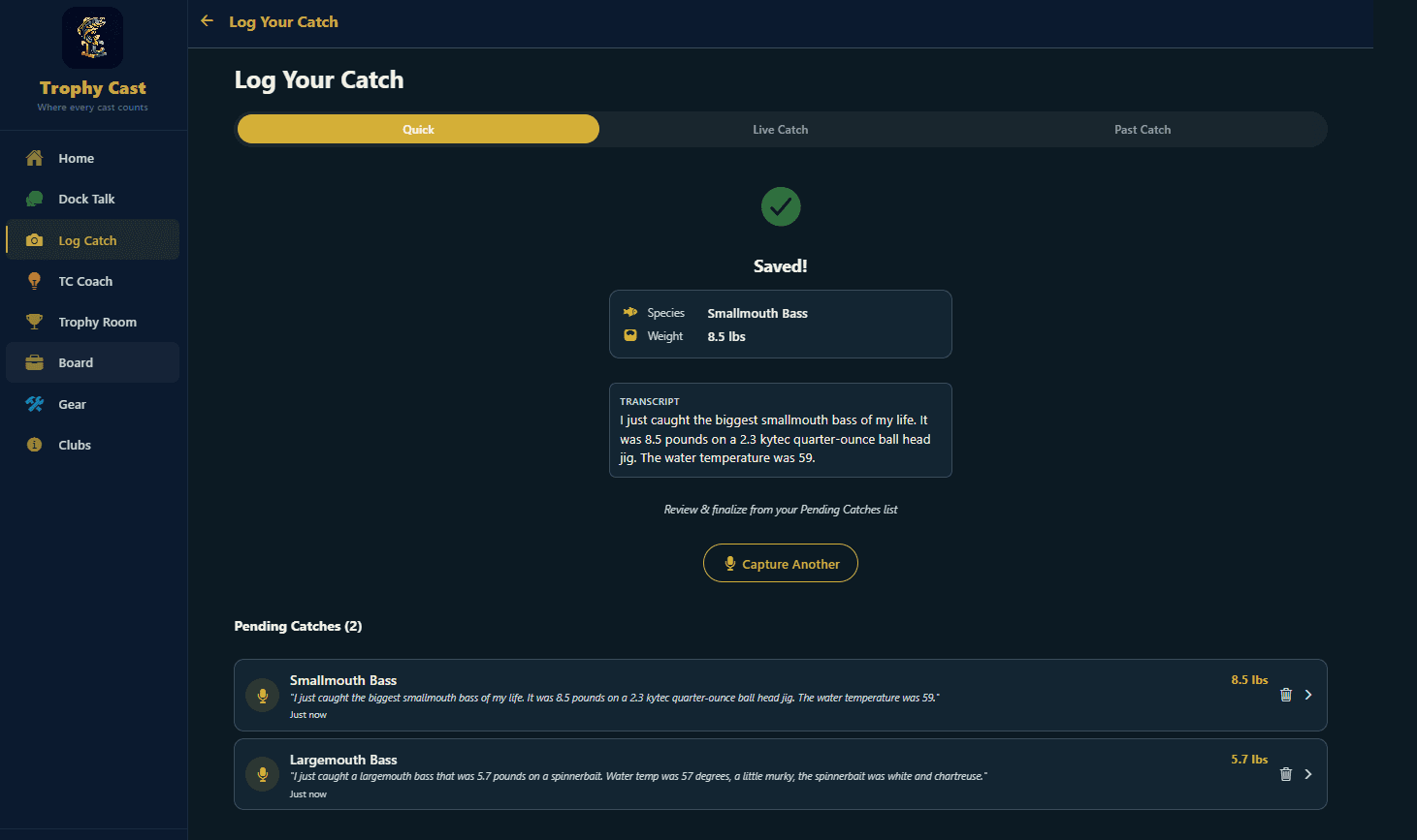 Voice-first catch logging with photo capture