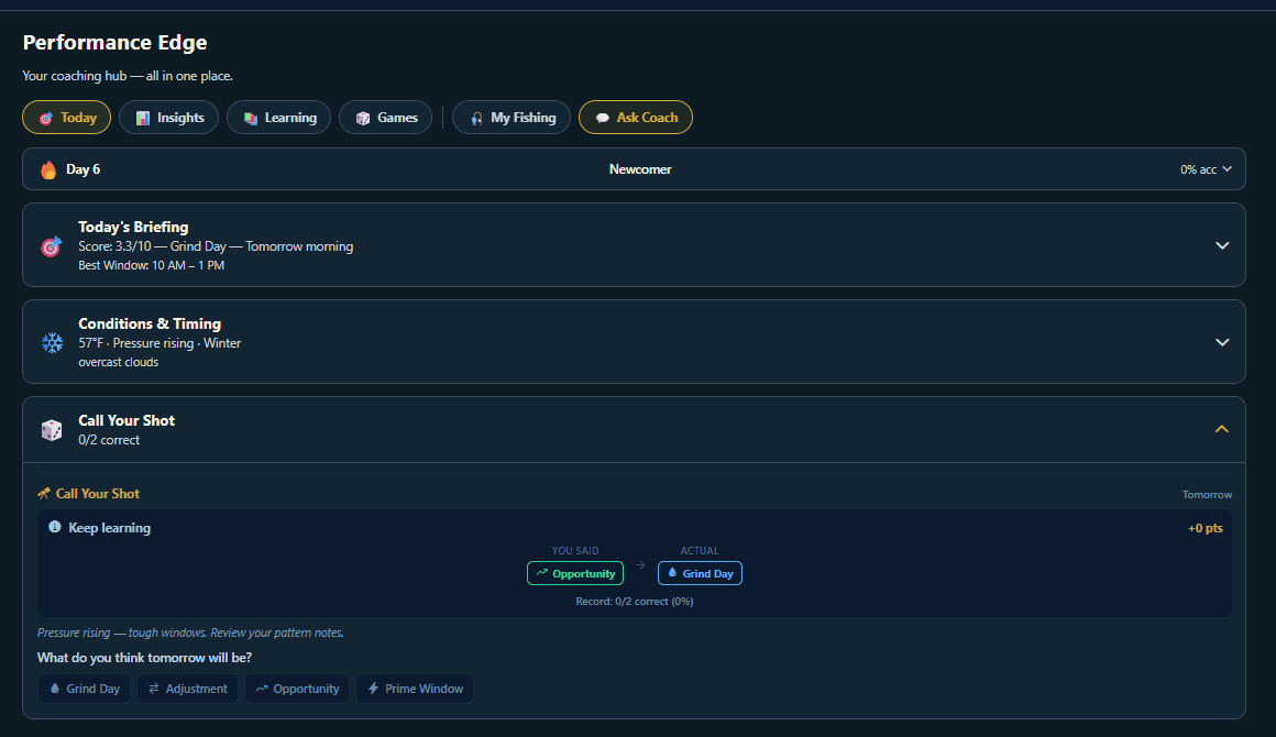 Performance Edge — live condition score with barometric pressure, wind, and solunar data