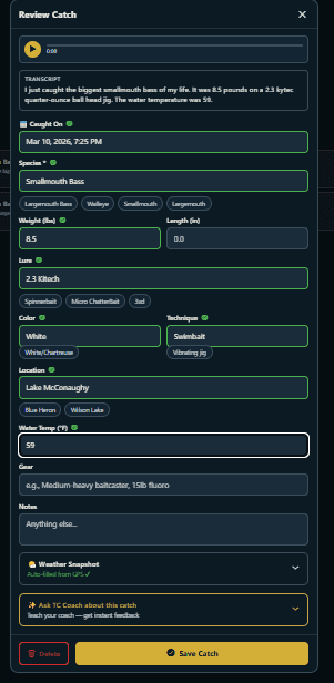 Catch review with stats, map pin, and coaching note