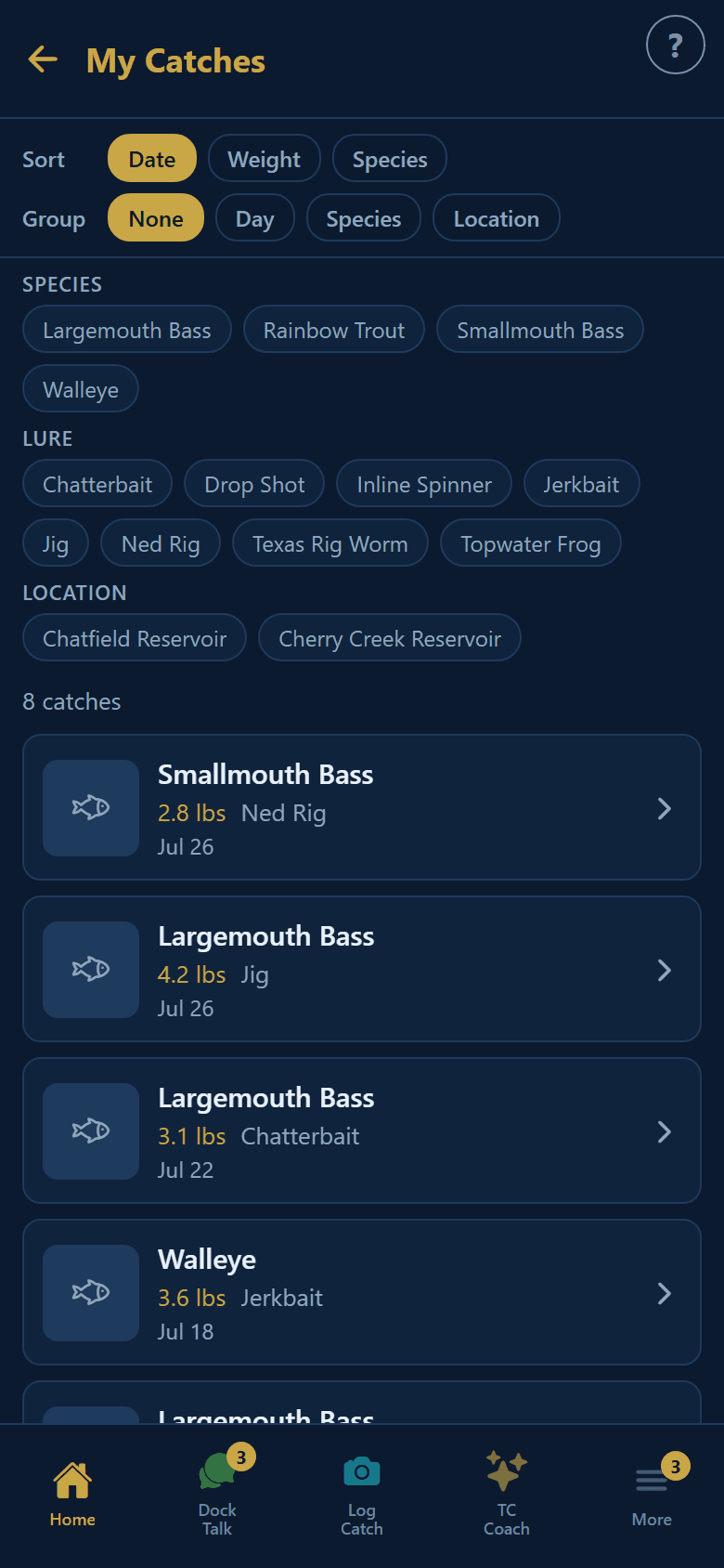 My Catches — every catch sorted and filtered by species, lure, and water