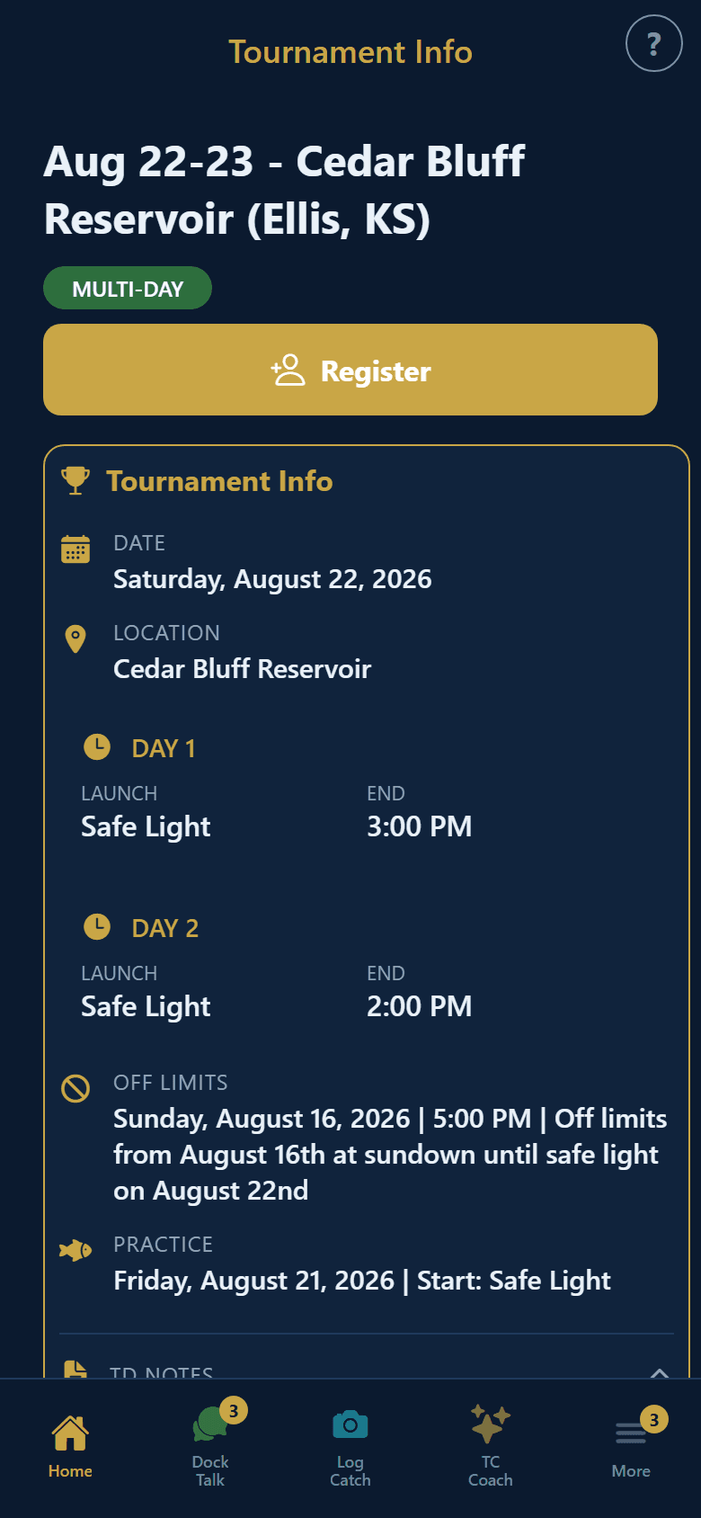 Tournament info with schedule, launch times, and registration